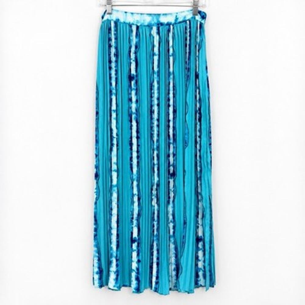 White House Black Market Pleated Crepe Maxi Skirt Sz 10 Bright Teal Watercolor